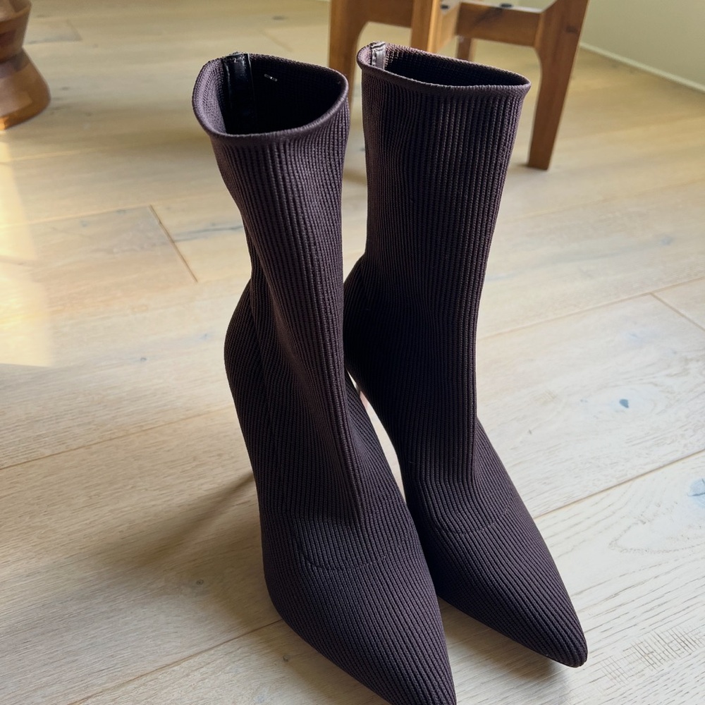 Veronica Beard Stretch-Knit Pointed Toe Sock Boots in Dark Brown
